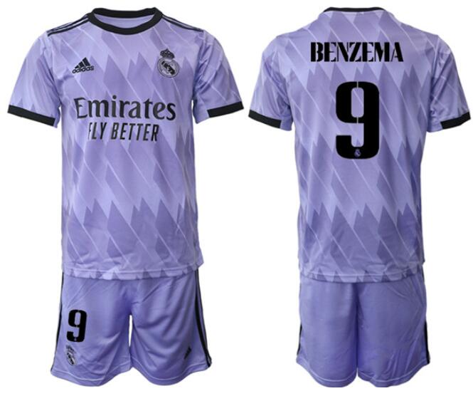 Youth Purple Real Madrid #9 Karim Benzema 22/23 Away Soccer Jersey Suit